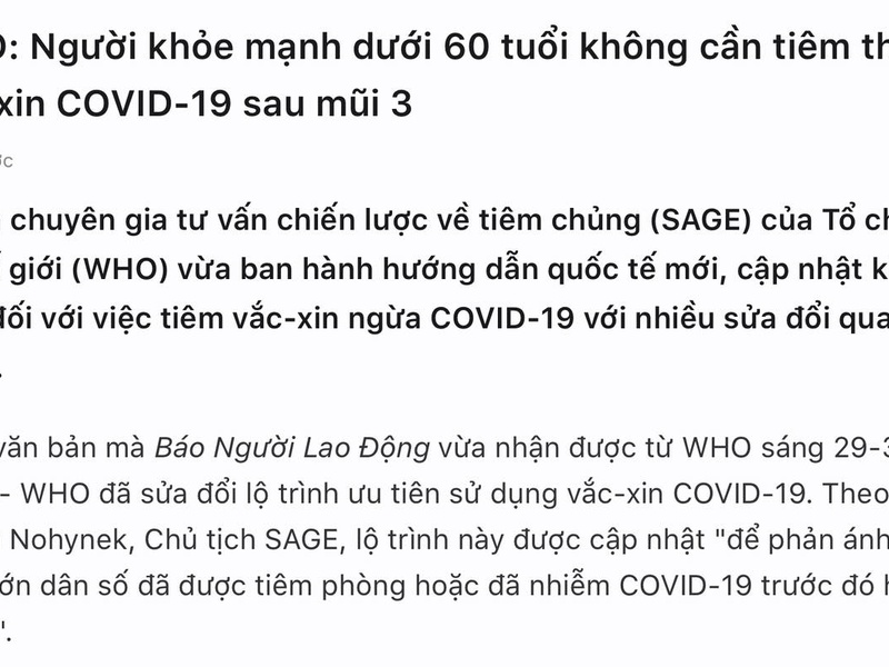 WHO: Người khỏe mạnh dưới 60 tuổi không cần tiêm thêm vắc-xin COVID-19 sau mũi 3