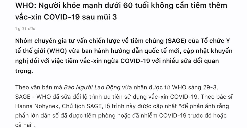 WHO: Người khỏe mạnh dưới 60 tuổi không cần tiêm thêm vắc-xin COVID-19 sau mũi 3